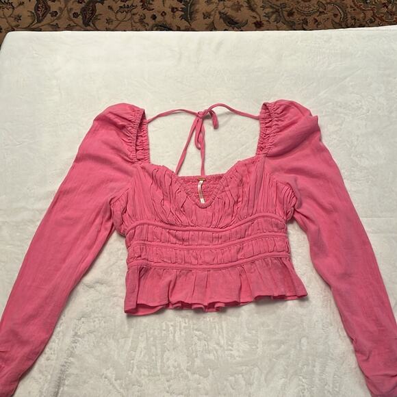 Free People Pink Chloe Smocked Tie Back Crop in Aurora Pink OB1410102 Size Small - Picture 2 of 11